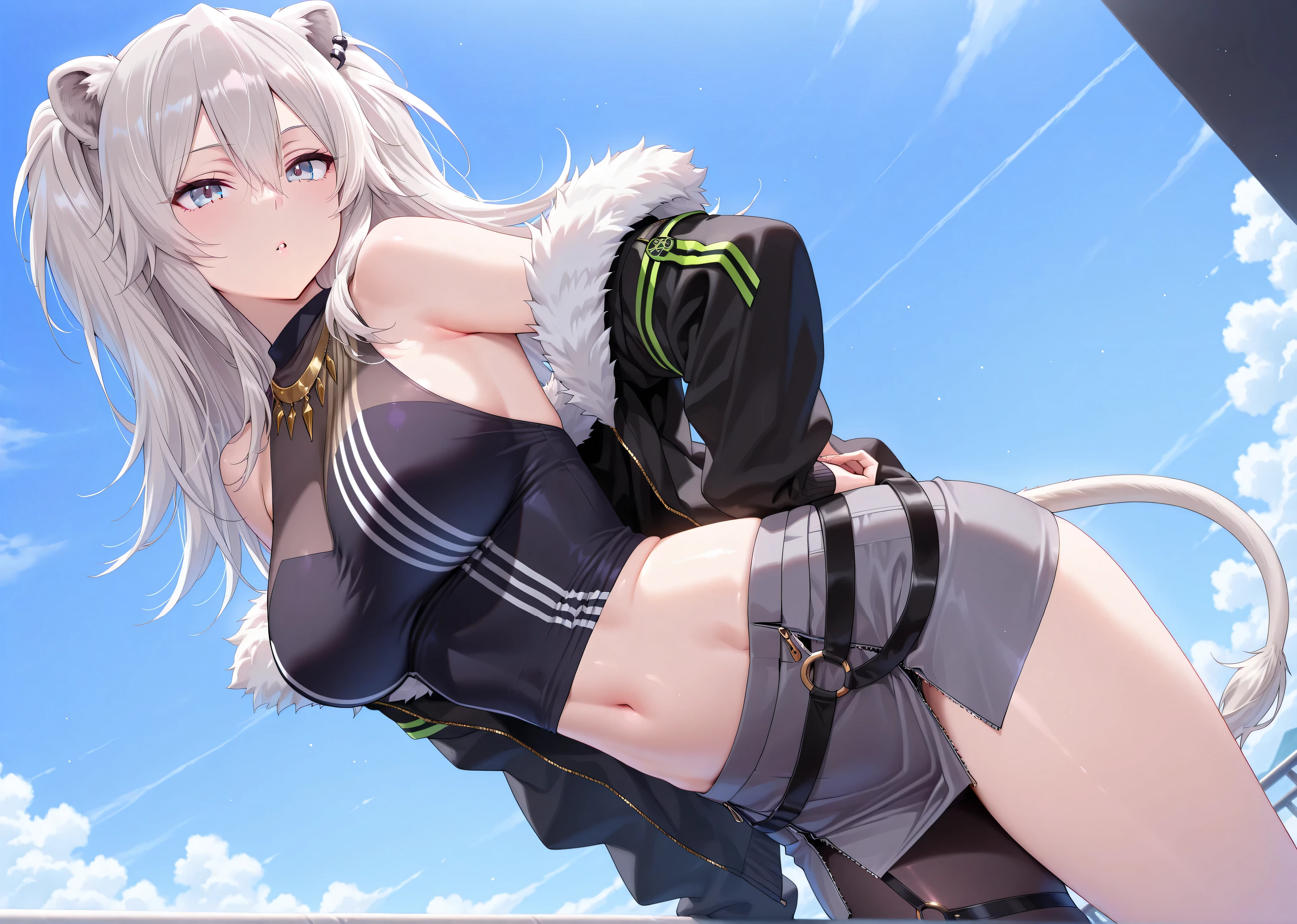 solo,masterpiece,best quality, amazing quality, highres, absurdres, very aesthetic, high resolution, ultra detailed, perfect details,botanIL, ear piercing, lion tail,botandef, long hair, navel, fur-trimmed jacket, hair between eyes, two side up, black jacket, black shirt, midriff, grey skirt, necklace, bare shoulders, miniskirt, single leg pantyhose, black pantyhose, sleeveless shirt, o-ring,,(masterpiece, detailed:1.2)、mature female,anime screencap