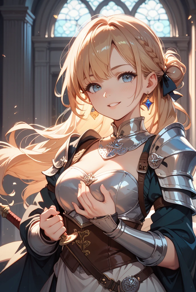 (Official Art、Highest quality、unity 8k wallpaper、32K、masterpiece、Super detailed、Ultra-high resolution、Actual、realism)、(Cinema lighting:1.2)、Fire glow effect、Best Shadow、Side Shot、Side body、Edge Light、Side light、(Highly detailed and intricate 3D rendering)、繊細でBeautiful Faceと目、Sharp pupils、Realistic student、Thinner、1Dear、Large bust、Beautiful Face、Beautiful girl 、(Very delicate skin、Detailed skin texture:1.3)、(Silver Blonde、Blue-silver hair:1.3)、Holy Knight、Long hair、Blunt bangs、Green Eyes、3 braids 1 bundle、(Blue Armor、Blue Boots、Blue Helmet、Inlaid gemstones、Gold embroidery)、Thinner、Long skirt、(Upper Leg, Upper Leg, Upper Leg:0.8)、(colorful、dream-like:1.2)、(dream-like:1.3)、(Side body、prayer)、(avert your eyes、Shima:1.3)、dream-like、An innocent smile、Media dissolution, 2, Sexy, Large Eyes, Wear diamond earrings, camisole, Taking a shower