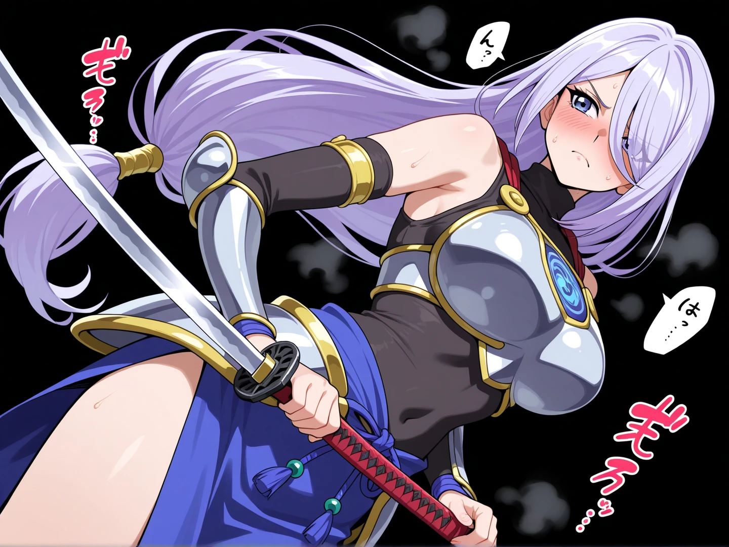 Manga girl with small fox ears, short chainmail skirt and bikini, white long hair blowing in the wind, purple eyes, medium sized breasts, fighting action pose battle axe, medieval landscape, mountains in the distance, blue sky, blood splatter