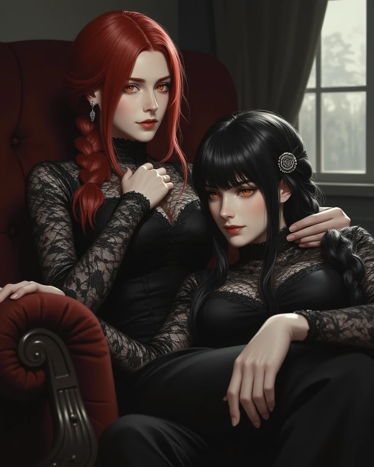 arafed photo of a woman in a black dress sitting on a bed, ((RED HAIR ))glamour pose, olga buzova, sexy pose, elegant seducing pose, sexy dominant pose, glamorous pose, very sexy pose, seductive lady, glamour photography, attractive pose, skintight black clothes,