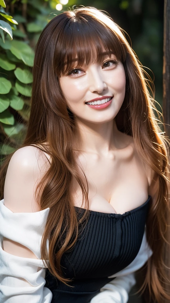 highest quality,masterpiece,Ultra-high resolution, (Realistic:1.4), girl, 18-year-old, (Firm breasts:1.2),  (Slim face, Narrow waist, Thin legs), Charm, after that, look at each other, Dynamic Shot, (black choker) , Long sleeve, bangs, Blue Contact Lenses, smile, Lady, Big Breasts