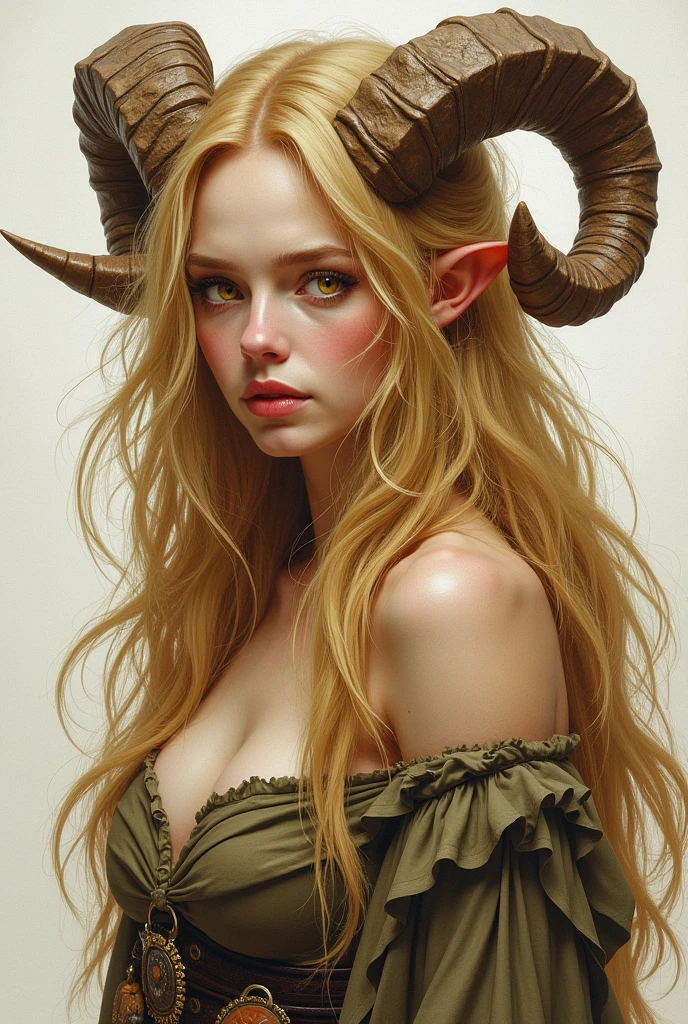Blonde wig with horns and horns in a pretty white girl Kristen Stewart wearing pink bandeau on top of her head, With horns, horns on head, deer antlers, girl design lush horns, elf long weaving brown hair, devil horns, cow horn, horns on head, big natural horns on her head, two large horns on the head, long tail with horns, attractive tiefling druid, alluring tiefling druid