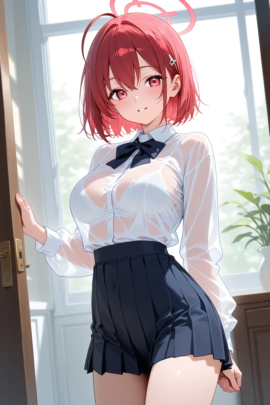 (8K, Raw foto, Best Quality, masutepiece:1.2), (realisitic, Photorealcitic:1.37), Natural, (Symmetrical clear eyes:1.3),超High Resolution A, super detaill, extremely highly detailed, Detailed skins, shiny hair, clean teeth, (finerly detailed face:1.2), Cinematic light, Beautie,1girll, blush, bob cuts, Red hair, Grey eyes, large full breasts, cowboy shots, Put your hands on your feet, leg up, Long sleeves, looking up at viewer, skirt, Open mouth, Black panties, pantyshot, White shirt, school_Uniform, Smile, Solo, Standing on one leg, Standing Split, Thighs thighs Thighs, cameltoe, indoor, smirking