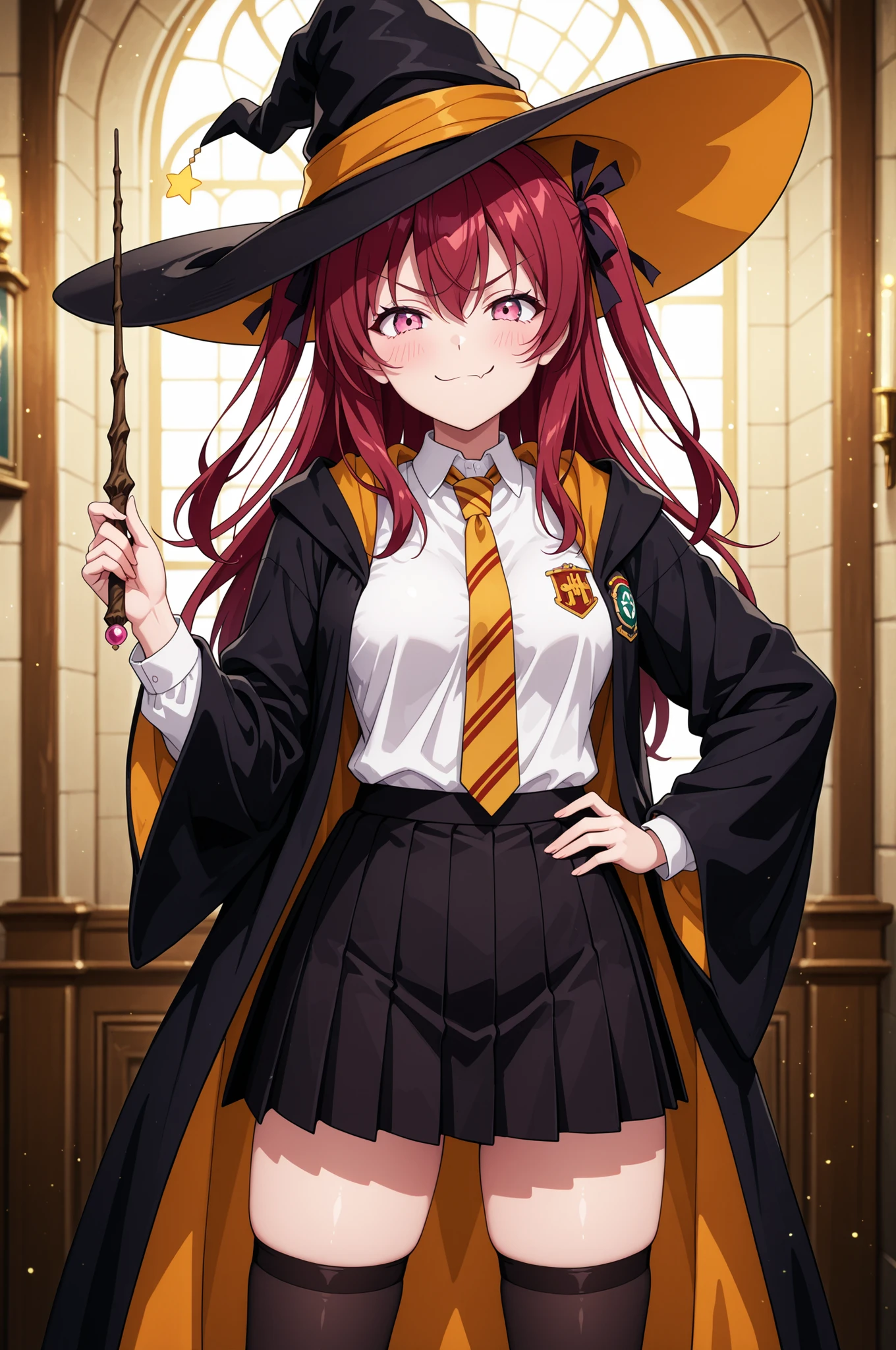 1girl ,blush ,closed mouth ,hair between eyes ,hair ribbon ,long hair ,looking at viewer ,pink eyes ,dark red hair ,small breasts ,smile ,solo ,thighhighs ,two side up ,v-shaped eyebrows ,black skirt ,hat ,hogwarts school uniform ,hufflepuff ,necktie ,pleated skirt ,school uniform ,skirt ,wand ,witch hat ,yellow necktie ,hand on own hip ,holding ,holding wand ,standing ,smug ,masterpiece, best quality, ultra detailed ,