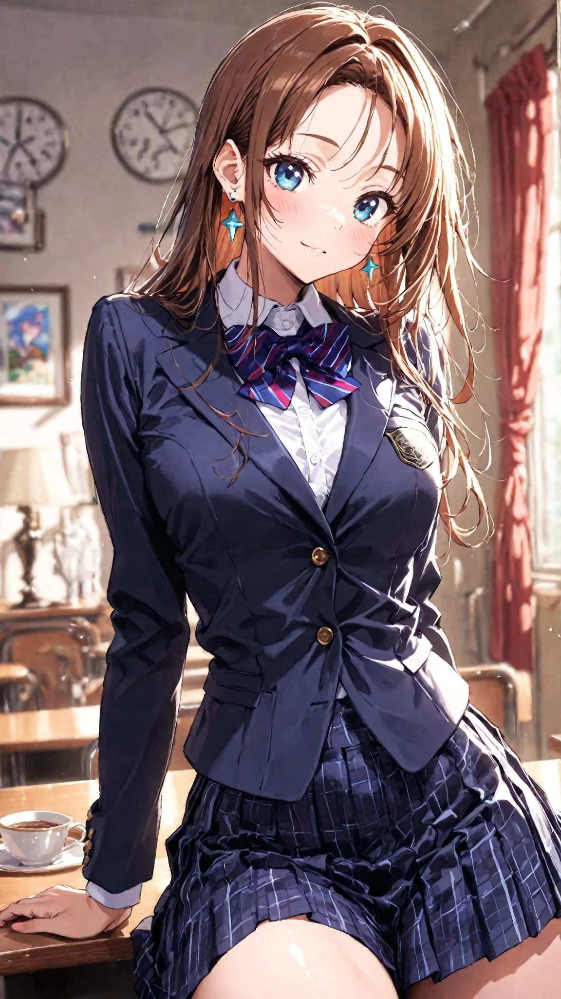 (masterpiece:1.3, top-quality, ultra high res, ultra detailed), (realistic, photorealistic:1.4), beautiful illustration, perfect lighting, natural lighting, colorful, depth of fields, ,
beautiful detailed hair, beautiful detailed face, beautiful detailed eyes, beautiful clavicle, beautiful body, beautiful chest, beautiful thigh, beautiful legs, beautiful fingers, shiny skin, 
looking at viewer, 1 girl, high school girl, (perfect ???????, anatomically correct, super detailed skin), cute and symmetrical face, , perfect face, perfect eyes, , 
(long hair:1.4, wavy hair, half updo, bronze hair), hair between eyes, gold eyes, big eyes, long eye lasher, (medium breasts, seductive thighs), slender, skin dendation, 
detailed cloth texture, (navy blazer:1.2, dark grey pleated skirt:1.2), white collared shirt, blue bow tie, 
(beautiful scenery), , evening, (school gate:1.2), standing, (lovely smile, upper eyes, parted lips), 