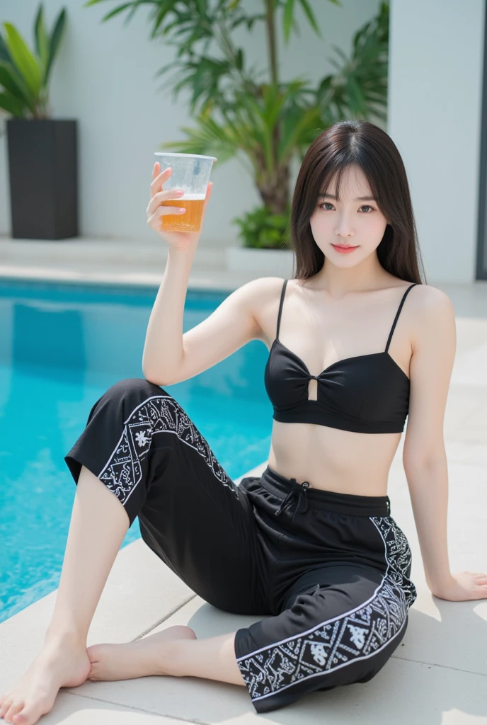 Diffuse lighting、 Highest quality, High resolution, unity 8k wallpaper、Supersaturation, Japanese、1 female、23 years old、Wearing a white hoodie、Under her hoodie she was wearing a black lace bra、beautiful、Adult women、Poolside、Outdoor、Drinking tropical juices、