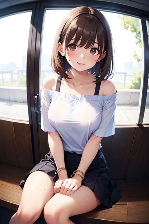 {1girl in,Shorthair, A dark-haired, blue eyess}, {Ice cream, optic, a cake}, {Smiling, A smile, Red face}, concept-art, beautiful anime scene, Beautiful anime scenery, top-quality, masterpiece