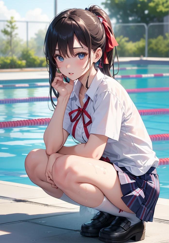 1 female, alone, HD quality, (Ahegao:1.3), (orgasm:1.3), (Drooling:1.3), vapor, Sheer white long thigh-high socks, Sheer white satin long gloves, (Glowing Eyes), The optimal ratio is four fingers to one thumb,  (Large Breasts), Cleavage, (Sitting on the poolside with one knee raised, Leg spread:1.5), sunny, (Green Eyes), (Crop Top White Shirt:1.5), (Micro Thong:1.5), (Under the chest:1.5),  (Sailor suit for upper body only:1.5), Blue sailor collar,(Black high heels), (Red ribbon tie)