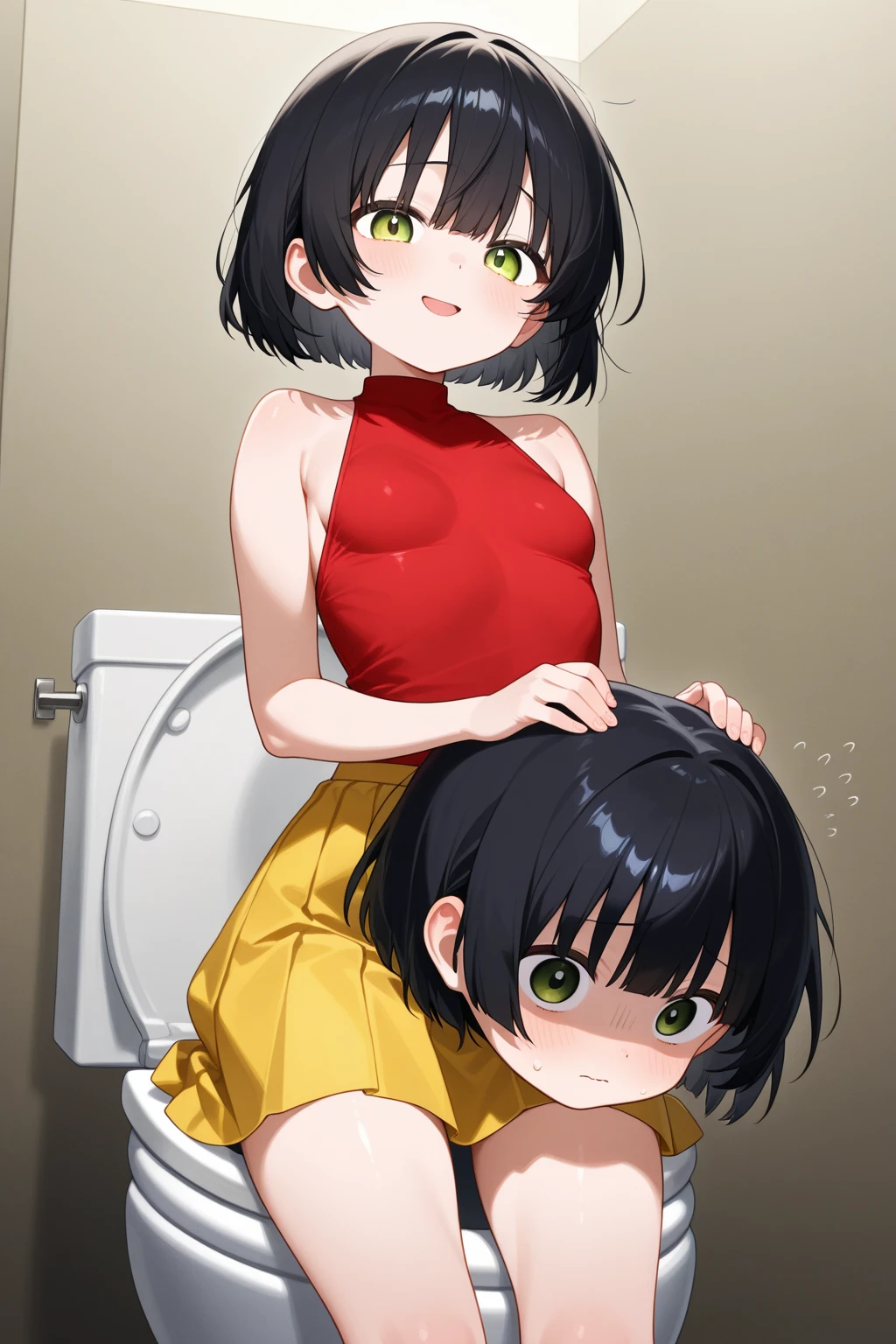 、(masterpiece、Highest quality)、Highest quality, Ultra-high resolution, (((masterpiece))), alone, Sweat、Big eyes, Composition from the front、Shortcuts、Embarrassed face、Bronze colored hair、Cut the back hair short、Bathroom、Shower scene、 Expose、Completely naked、pubic hair、belly button、Large areola、Nipples、short hair