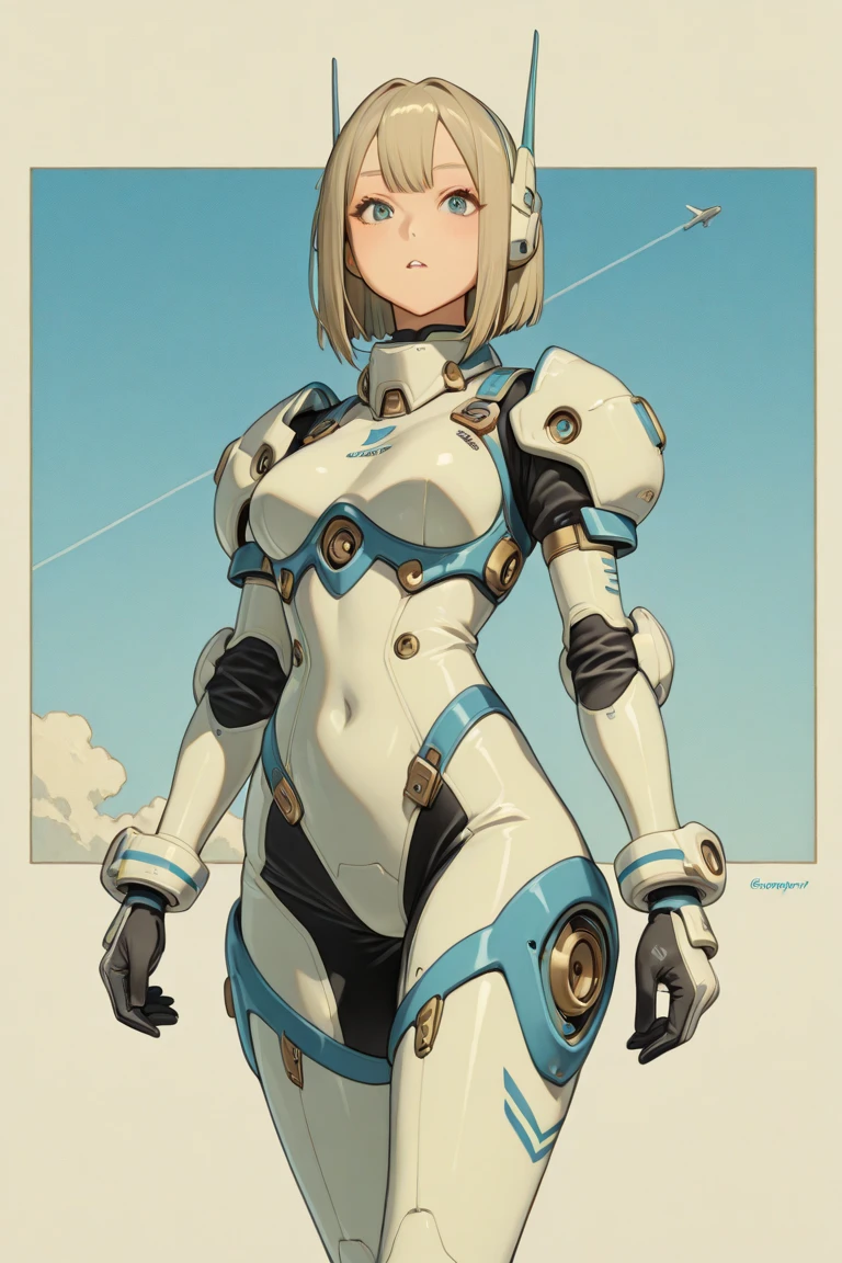 (((devilish smile))), (((tangerine suit))), (((white hair bob haircut))), (((metallic arms))), (((muscles))), (((Colossus))), (((X-man))), (((melhor qualidade: 1.4))), (((full metal))), (((DuneWalker))), (((post-apocalypse))), (Unbeatable masterpiece), (hiper HD),(CG 8k hiper-realista), 1Garota armada em um mundo futurista usando roupas coloridas e modernas. Corte de cabelo ultra moderno, perfect body with robotic parts, seios grandes, bunda perfeita, muscles without exaggeration, rosto lindo com olhos azuis penetrantes, add textures to clothes and create something different from the usual, add accessories like garter belt, espartilho e luvas com listras, pele bronzeada e com brilho de molhado, industrial environment with giant heavy machines, Intricate machinery and giant robot parts