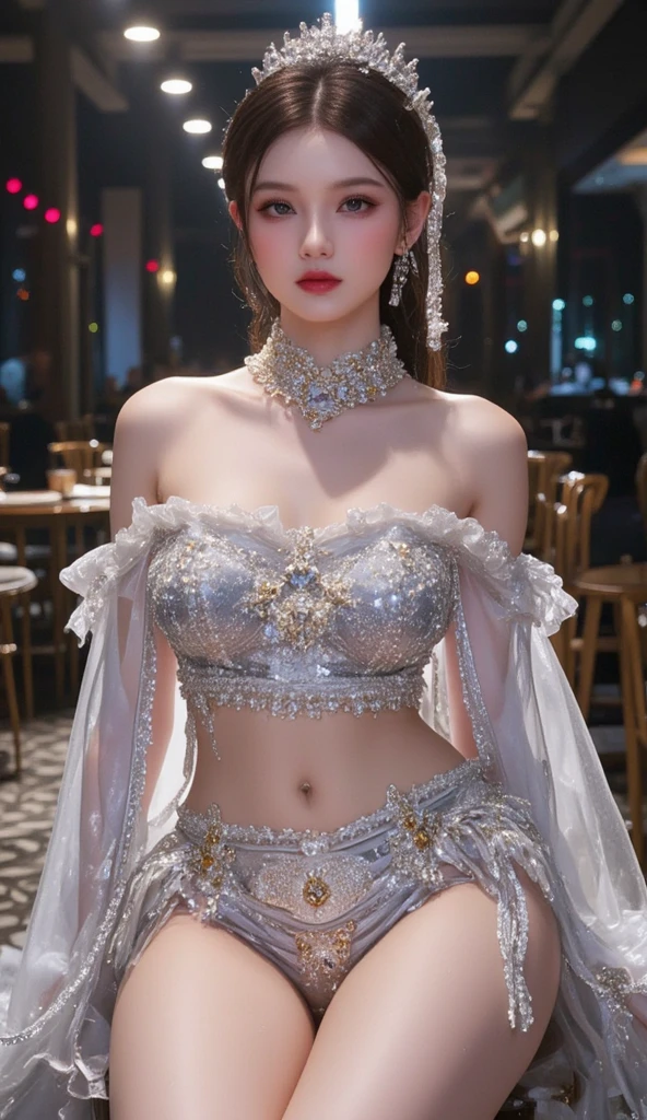 masterpiece, best quality, 1 girl, ((Large Breasts)， Long hair，(Siamese transparent black silk)，(On clothes，There are pearls，Three circles, )，Looking at the audience, (precise、Perfect face shape:1.3)，（Beautiful fingers），(Crotch front display)，Ultra HD，Ray Tracing,，reflected light， Correct structure，The award-winning，High Detail，Reduce shadow contrast，Facial lighting ，Cinema Lighting，masterpiece，Super Detail，high quality，High Detail， best quality，16K，High contrast，A young woman plays, Chinese Empress, yun ling, song nan li, , gujian,  zhao yun, Chinese Princess