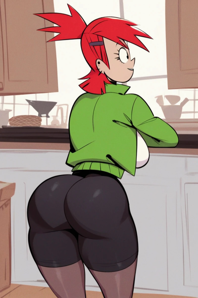 velmaXL, orange sweater, standing, big butt, bottomless, shy, blushing cheeks, legs together, orange socks, red shoes, thicc thighs, rear view, head turned around, embarrassed smile, solo, bent over, anal hole