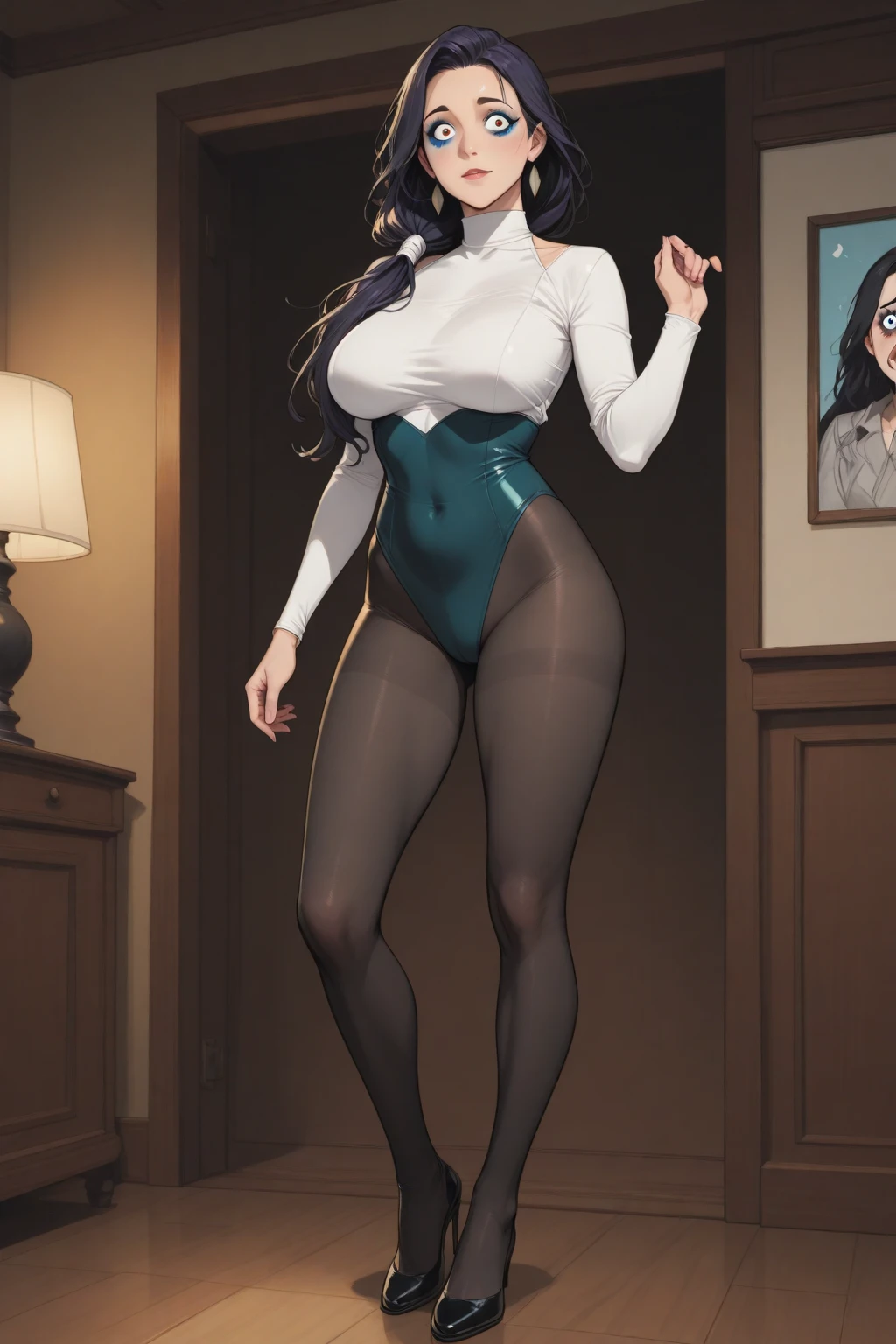 1 girl, brown hair, blue eyes, grey turtleneck, shirt, ballerina flat shoes, tights, smile, study, mansion, amazing scenery, books, intricate detail, beutiful lighting, amazing decorations, masterpiece, perfect anatomy, standing, holding book, full body