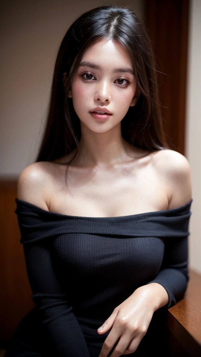 , (Mature body), Solitary,Long gray hair,black hair color, Off-shoulder, black eyes,1 Sister,A sexy pose,best quality,masterpiece,Lighting,Extremely exquisite and beautiful,CG,Unite,8k wallpaper,Astonishing,detailed,masterpiece,Official Art,The content is very detailed Cg Unite 8k wallpaper,Extremely ridiculous,Huge file size,ultra - detailed,high resolution,The content is very detailed,Beautiful and delicate girl,Practical,full,Inside the church,Light Contrast, Lopez, Full body image, full, White under underwear