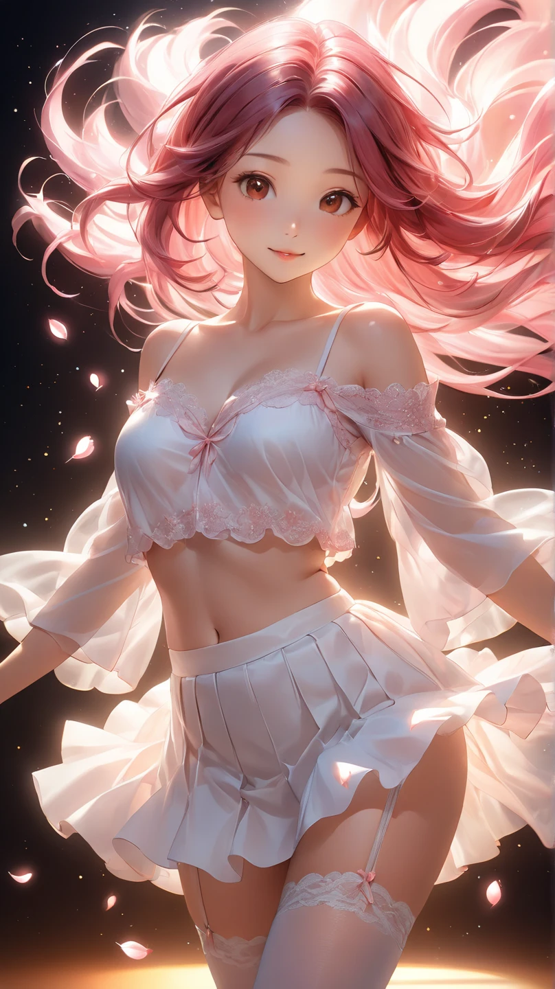 Please follow the all prompts below exactly and faithfully, This is a breathtaking masterpiece of digital illustration, with maximum resolution, UHD, 512K, 2160p, 10 million ppi, 300 million dpi, natural color tones, ultra sharp details, perfect outlines with contrast, ((smooth, soft and clearly and most realistic skin and hair texture)), most beautiful detailed eye features, perfect anatomically correct human body, beautiful background with depth, rule of thirds, depth of field, Maximize all element is used to its full potential to create the best digital illustrations, 1woman, sexy, 25years old, beautiful face sharp, elegant woman, Ultimate perfect body style, beautiful beautiful big breasts, Maximize upturned breasts, green eyes, shiny red hair, twin tails, (eyes visible through hair:1.3), glossy very thick lips, pink lipstick, smile:1.5, Idol wearing a pink and white outfit, detailed with a layered skirt, rhinestone-studded top, fishnet stockings, ballet flats, and a choker, holding a microphone, dancing with exuberant movement:1.5, singing, decorated with a floral crown, multiple spotlights illuminating, bright and colorful scenery,
