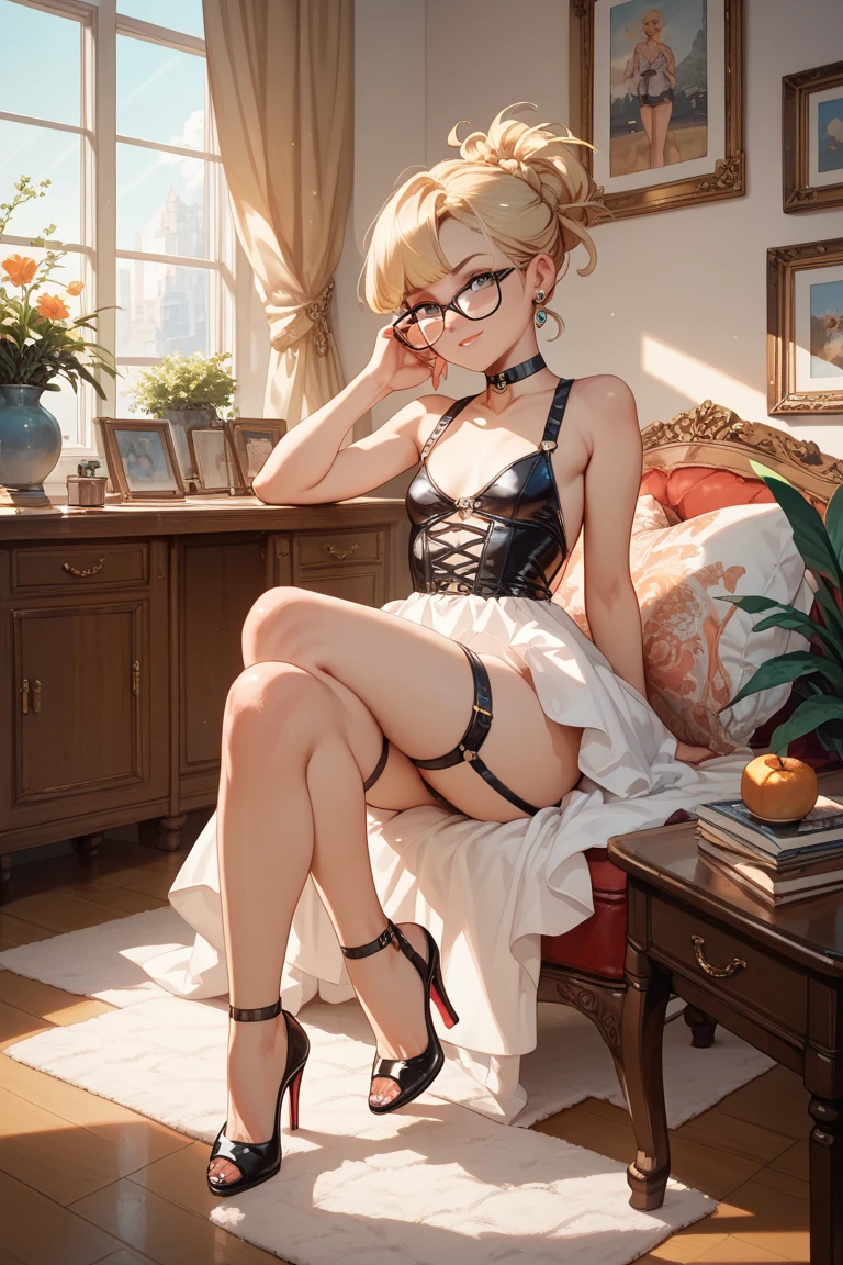 pin-up, pin up, 1950's aesthetic, blonde with bangs, wearing glasses, thicc, pawg, in white bridal lingerie, in art deco bar, lying on a tufted leather couch,