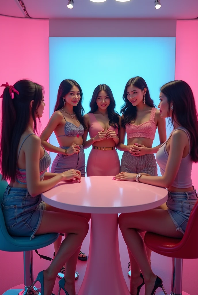 a public bathroom, 4 girls peeing together in 4 toilets next to each other, they are 1.4 meters tall and wearing denim , tube bras, cork-soled platform sandals, extremely detailed feet, beautiful detailed eyes, beautiful detailed lips, extremely detailed eyes and face
