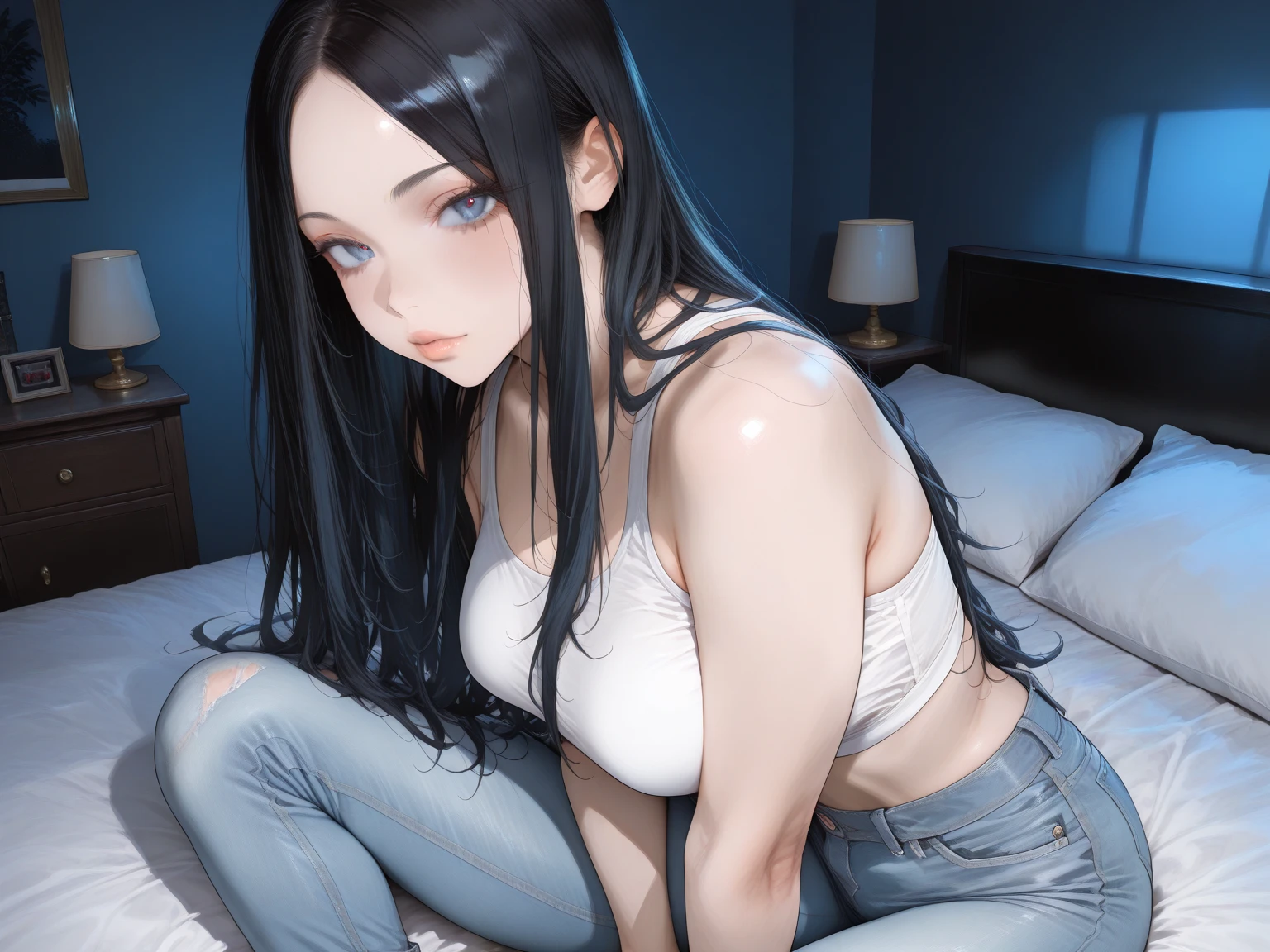 1 woman, her hair was bluish black, she was sleeping on the apartment bed, and wasn't wearing anything, she showed her pussy being fucked, her expression was very aroused, sperm was coming out of her pussy.