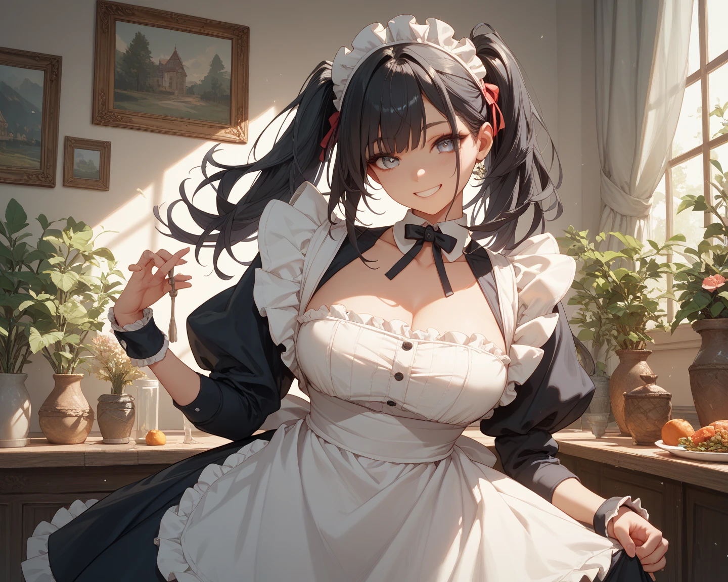 master-piece, hyper quality, hyper detailed, perfect drawing, solo, beauty, bountiful breasts, fluffy breasts, H cup bust, bust up, bulging bust top, h, hentai, blush, sweat, moist eyes, detailed drawing, accurate drawing, maid, goth loli, clothes with a lot of lace frills, dress up,