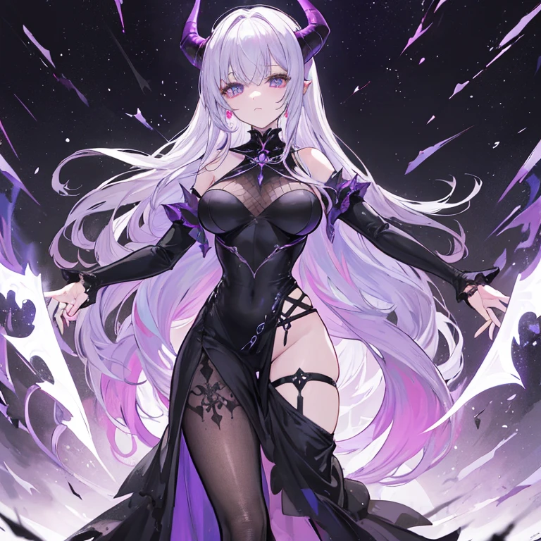 (delicate and beautiful CG artwork),(best quality, ultra-detailed, high resolution),(dynamic angle, dynamic lighting),(1 character),(long white and purple hair, red eyes, beautiful face),(black transparent stocking),(devil) (long sideburns) clock in background, city, night light, horns, black dress