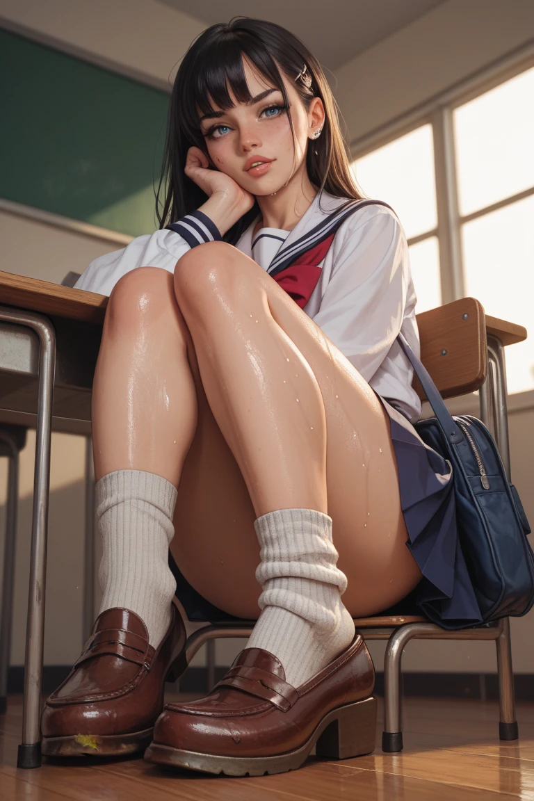 Masterpiece, High Resolution, Ultra High Resolution, 4K, Black Hair, Japanese Girl, Uniform Skirt, Highlighted Thighs, White Thighs, Soft Thighs, Shiny Thighs, Sitting on Train, Face to Face Angle, Angle from Below, Sitting on Train Seat, Sitting in Front, Camera Zoom to Hip Joint, Feet on Train Floor, Full Body, Looking Down and Sleepy, Looking Only at the Viewer, Top Quality, Ultra High Resolution, Photorealistic, High Resolution, Detailed, Raw Photo, Sharp, Nikon Film Stock Photo, Lens Rich Colors, Ultra Realistic and Lifelike Textures, Dramatic Lighting, Unreal Engine,
