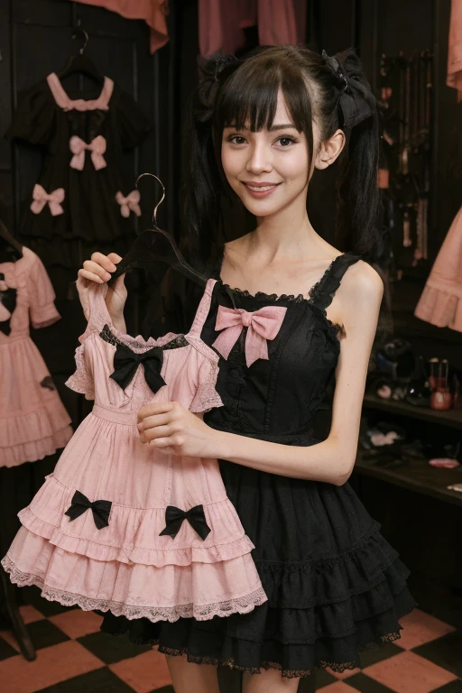 (8k, highest quality, masterpiece:1,2), (Realistic, Photorealistic:1.37), Super Detail, One Girl,), (Very detailedな), (Beautiful and detailed eyes), (highest quality), (Very detailed ), (masterpiece), (Detailed face),20-year-old, ,1 girl, whole body, pink hair,Very short hair, Medium chest, Dressed, Perfect lighting, pussy and breast focus, View your viewers, Excited face, Mischievous face, break in gothic lolita dress, (wear (pink:1.2) and (black:0.8) Dress (Polka dot pattern:1.2) and lace appliques:1.4), wear no sleeves and halter neck, wear short skirt with layers of lace and tulle, (wear black gloves and pink shoes with straps:1.4), 
break (wear black hat with pink bow:1.3), 
break (short pink hair with spikes and bangs

