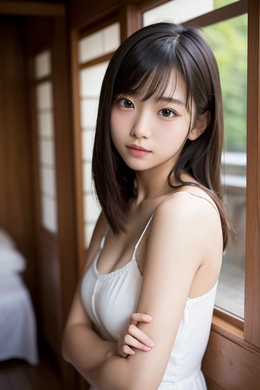masterpiece, highest quality, (Beautiful woman:1.3), (24-years-old:1.3), Very fine grain definition, (Symmetrical eyes:1.3), (Upper Body:1.2), (yukata:1.3), Brown eyes, Parted bangs, Brown Hair, Delicate girl, (Eye and facial details:1.0), (RAW Photos, Professional Lighting, Film Grain, chromatic aberration)、(embarrassed、sad smile)、On the futon in a Japanese inn、Beautiful clavicle、(Selfie、topless)