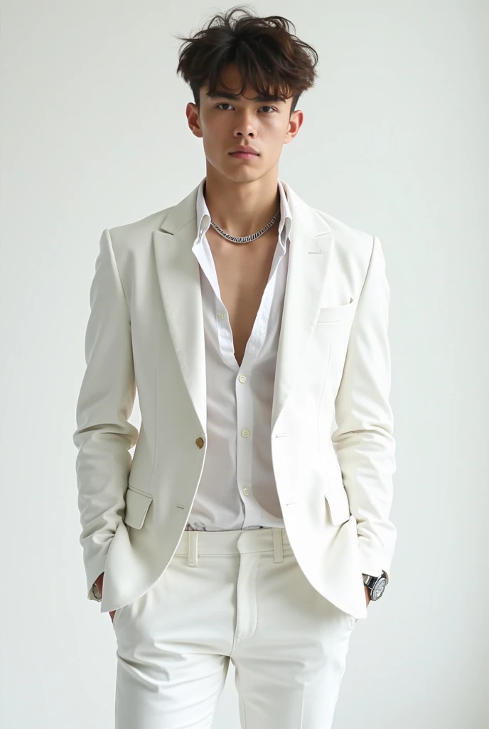 solo , 1man , thai man , leather jacket , white shirt , Long pants jeans , happy , sit