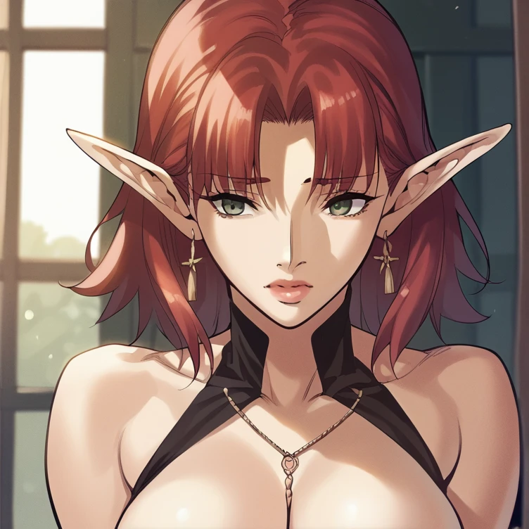 Young girl, short red hair, purple eyes, elven ears, open dress, open breasts, inner breasts, lower breasts, lower breasts, wide breasts, achegao, open belly, masterpiece, high quality