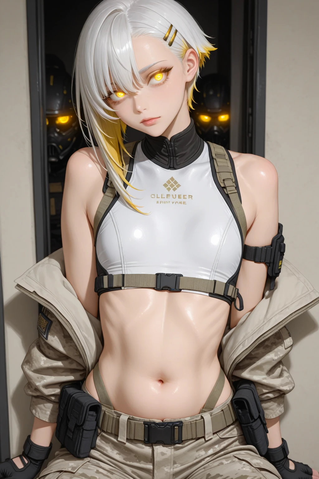 highest quality, realistic , long blonde hair, have a weapon, Glare expression, unreal engine,((highest quality)), ((masterpiece)), (high detail:1.3), 3D, Machine gun in hand,beautiful (cyber punk:1.2) special forces, Roboart, woman with thick voluminous hair (in camo_uniform:1.1), bulletproof vest, raincoat, Digital (camo: 1.3), HDR (high dynamic range), ray tracing, NVIDIA RTX, ultra high resolution, unreal 5, Scattered beneath the surface, PBR texturing, Post-processing, anisotropic filtering, Depth of bounds written, maximum clarity and sharpness, multilayer texture, Albedo and reflection maps, surface shading, Accurate simulation of light-matter interactions, Ideal proportions, octane rendering, two color lighting, wide aperture, Low ISO, White balance, Rule of thirds,16K raw, Effective subpixels, subpixel convolution,((pixel perfect, detail perfect)), alone, 1 girl,Ritsuko Akizuki, suit, formal, cowboy shot, looking at the viewer, smile,(anime:2.0、masterpiece、highest quality、super resolution、sharp focus:2.0、very detailed)、((anatomically correct))、((1girl))、(とてもbeautiful成熟した女性:2.0),((perfect hands))、((five fingers))、([eye|diamond]:2.0)、([Slope_Hairy pubic area|opal]:2.0)、((Show the shape of the ???????? clearly、showing her underboob、my nipples are erect、very much pubic hair))、smile、cowboy shot、(Skindent:1.4)、(Skindent:2.0)、(RAW photo、look at the viewer、arm behind back、Photo taken with Nikon D1、cinema scope、NSFW photos、Black Live Stage)、