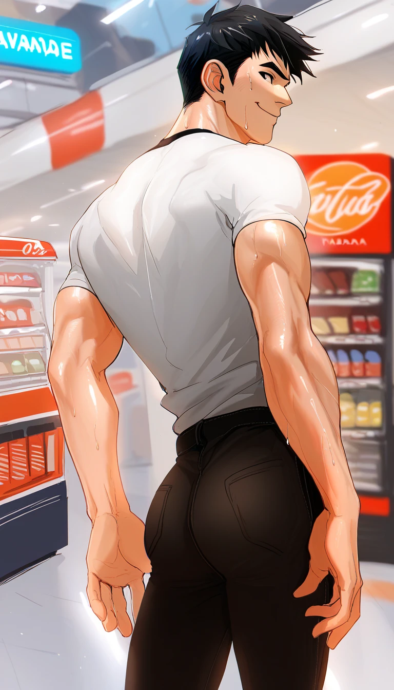 College boy. Boy. Male. Short hair. He is a handsome man, very disciplined and studious. He has a slim toned body and a thick rear, wears a pink short short, making his voluminous ass stand out. Black messy hair. High quality. Bending over, leaning, rear pointed at camera, looking back. Coffee shop.