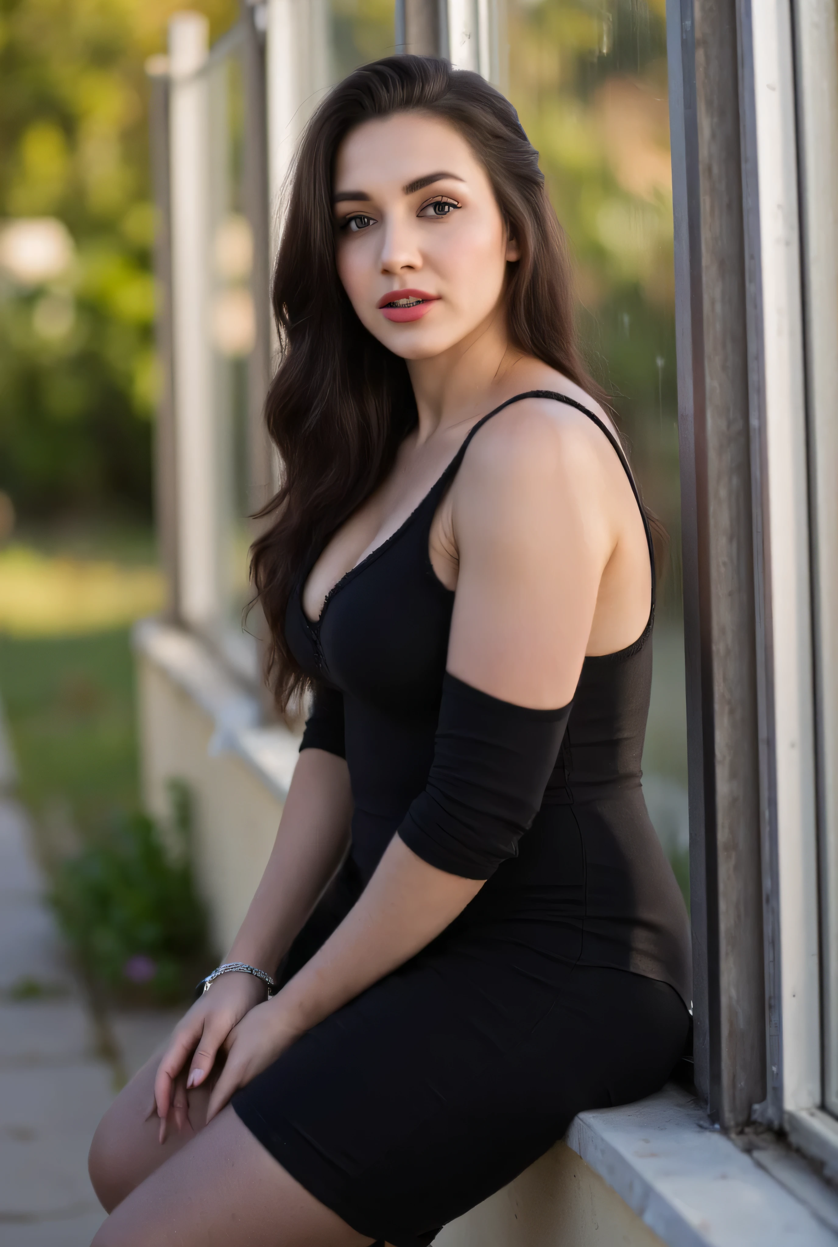 (Masterpeace, high quality, high resolution, realistic photo, photography), Beautiful Viking woman , age from 30 to 36 years old , full face photo , with light eyes , beautiful breasts, beautiful and detailed face , cute smile , beautiful butt , Angelic Look, beautiful legs , great detail of body and face in a sensual and erotic pose. Great detail of the background and environment . Beautiful girl with very big breasts , Red lips, long loose hair, sensual. A beautiful woman in a low-cut black dress , black heel shoes , black mesh stockings . Long black hair on her shoulders . Lying on a wall .