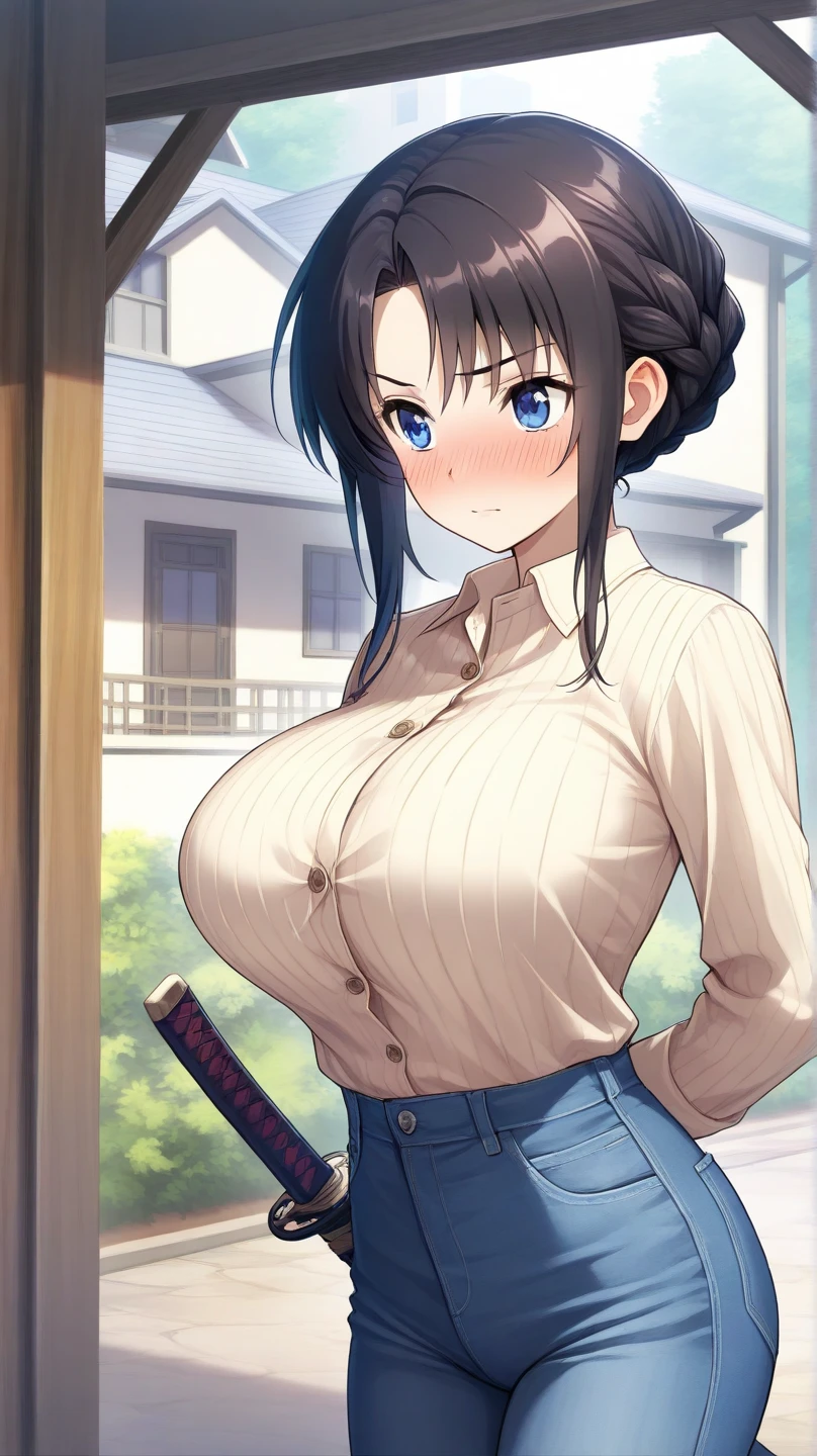 Masterpiece, top quality, highest quality, beautiful and aesthetic: 1.2), very detailed, underwear, black hair, short cut, huge breasts, big buttocks, look at the viewer, muscular, Hiromitsu Takeda style