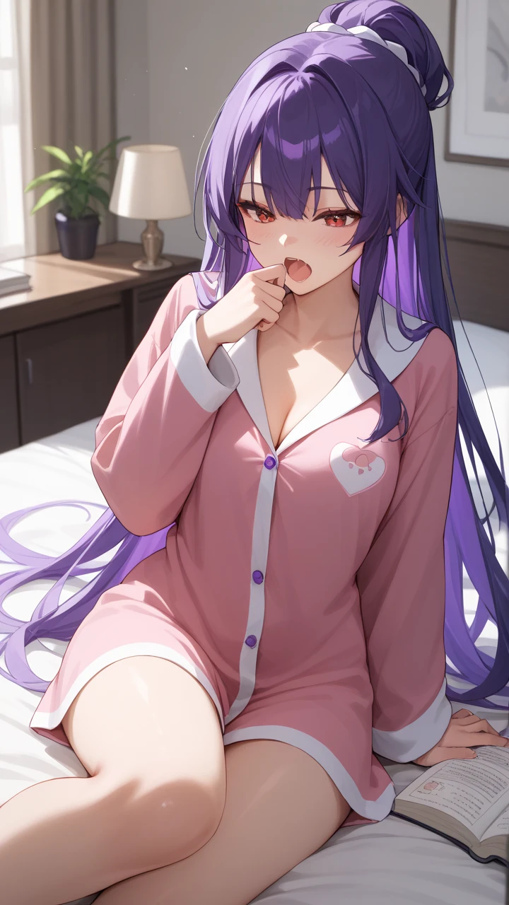(komishuuko),beautiful,masterpiece, best quality, extremely detailed face,big breasts,looking at viewer, 1 girl, shy, blush, dark purple hair, ((long hair)), cat onesie, dark purple onesie, bed