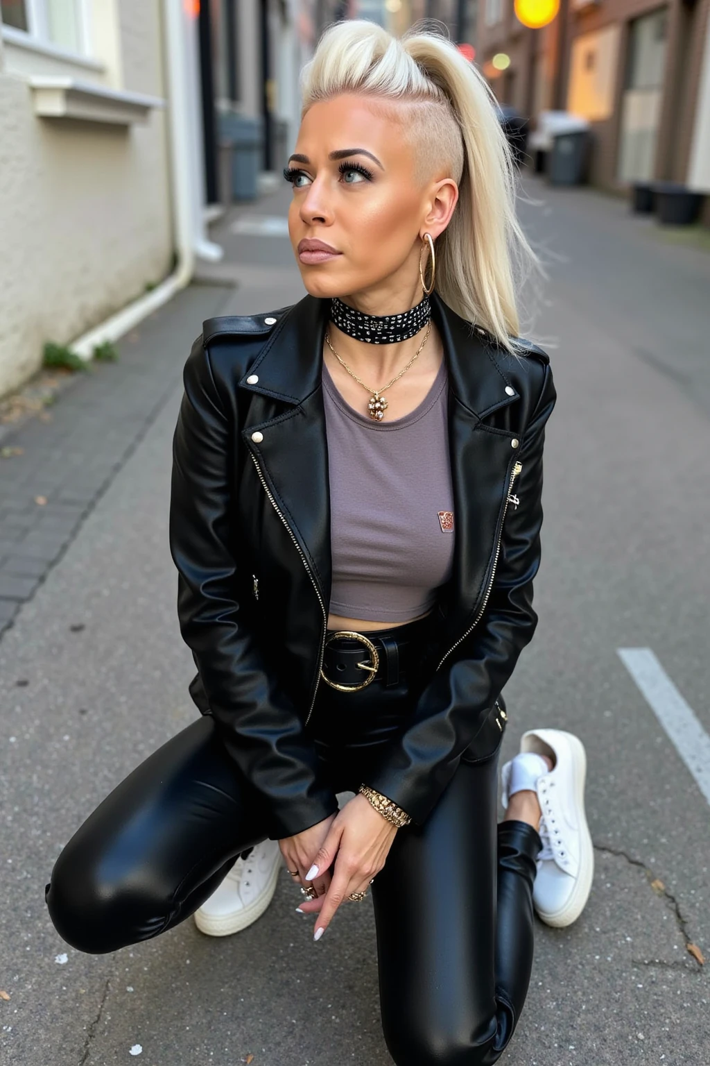 Old russian milf, platinum blonde hair in top bun ,with very light blue eyes, pale, heavy eye shadow s. Wearing black moto jacket, cropped rock t-shirt, black leather jeans and white tennis sneakers. Wide studded belt. Studded wristbans,Scared