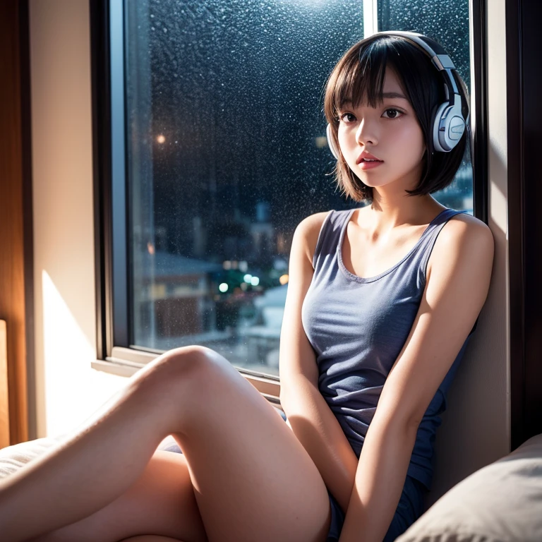 8K, Raw photo, Photorealistic, Realistic, (Detailed skin, Best Quality:1.2), ((small chest:1.5)), ((small breasts:1.5)), (sweetlolita, open the chest, purple bra, full body shot), Teenage girl, (purple bob hair, short bangs), (Baby face, Fairer skin), Abandoned hospital, sneakers, wearing headphones