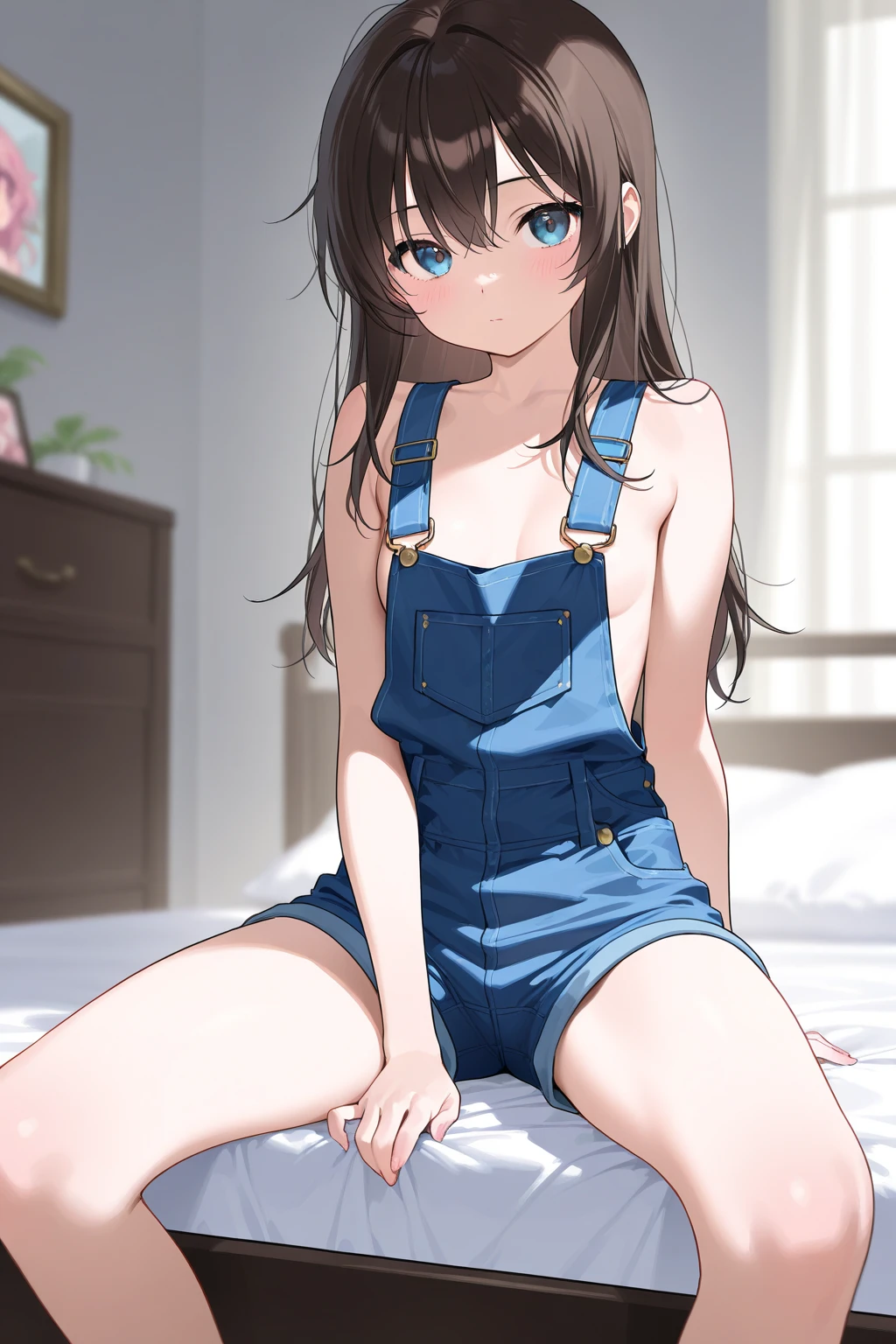 A girl with long black hair wearing overalls,high school girl ,16 years old、ponytail, barefoot,Small breasts,Small Ass,Beautiful profile,Clear body,Defined nose,Anatomically correct limbs