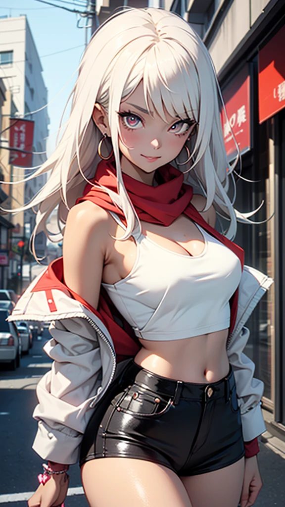 1girl, large breasts,blush, <lora:VenetoOriginV1[venetoorigin]:0.75>,venetoorigin,cleavage,outdoors,(hoodie:1.3),headphones around neck, cityscape, cowboy shot, hand in pocket,