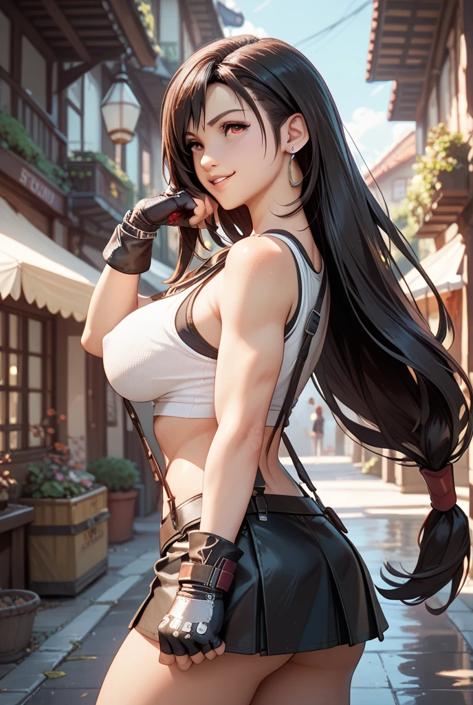 score_9, score_8_up, score_7_up,(anime style) , front_view,(breast focus),sitting,straight-on,leg apart,,perfect composition,(mediumshot:1),looking_at_viewer ,1girl, tifa lockhart, final fantasy,(beautiful woman:1.2).make up, tareme,black hair, low-tied long hair, red eyes, bangs, white tank top,(short tank top:1.2), belt, pleated skirt, thighhighs, elbow fingerless gloves, elbow pads, midriff, navel,suspender skirt.zettai ryouiki ,(large_breasts:1.2),light smile,,slender_waist ,Solo,,(daytime and outdoors),(masterpeace),(best quality),(aesthetic,very aesthetic),(highly detailed),hdr,[photorealistic:0.5],