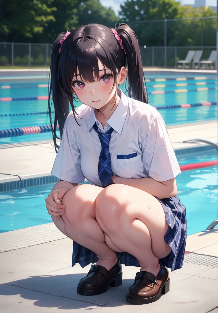 superfine illustration, Perfect Anatomy, Best Quality, Hires, amazing shading, Beautiful skin, 1 little girl, nose blush, Saliva, Ecstasy,  Close eyes, ,School Uniforms , Barefoot, Full body, SEX, Yor, touches crotch, (Rubbing the crotch with your hands:1.2), (on the poolside:1.5), suggestive pose,Braid hair,Opening Mouth