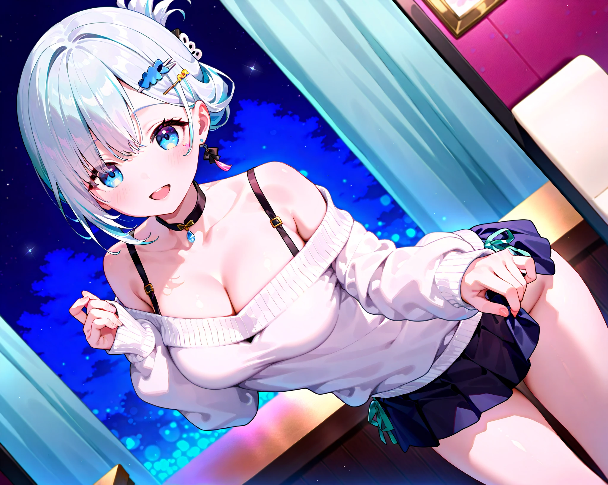 Top quality, super high resolution, one girl, sleeveless white button shirt, black skirt, black choker, cute, (Kpop Idol), (charming monkey: 1), (platinum blonde hair: 1), (puffy eyes)), looking observer side, facing forward (full body toes)