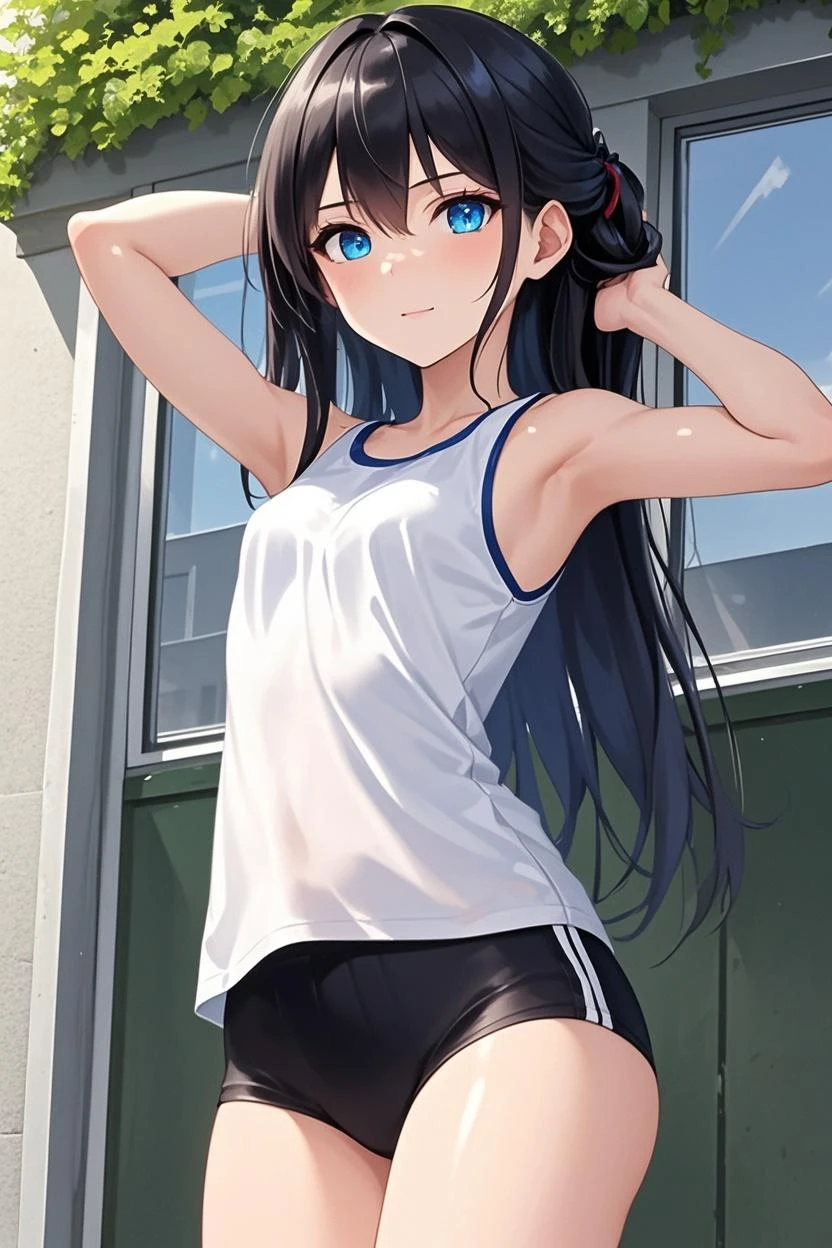 top-quality、Full limbs、complete fingers、Slender beauty、ssmile、Wearing a white school swimsuit、White water、knee high、dress room、Locker Room、Hands behind the head