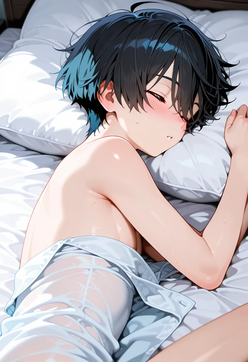 very thin cute boy 12 years old wearing only very short white tight swimming trunks, Shy. Lying in bed, side view