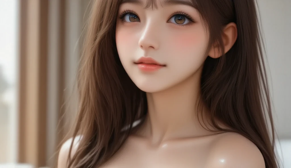 A close-up head and chest portrait of a pretty and cute girl, topless, nude, vulgar tight breast, ripe , wearing kimono, cute appearance. The highly detailed digital rendering captures every aspect of her beauty, from her delicate features to the intricate.