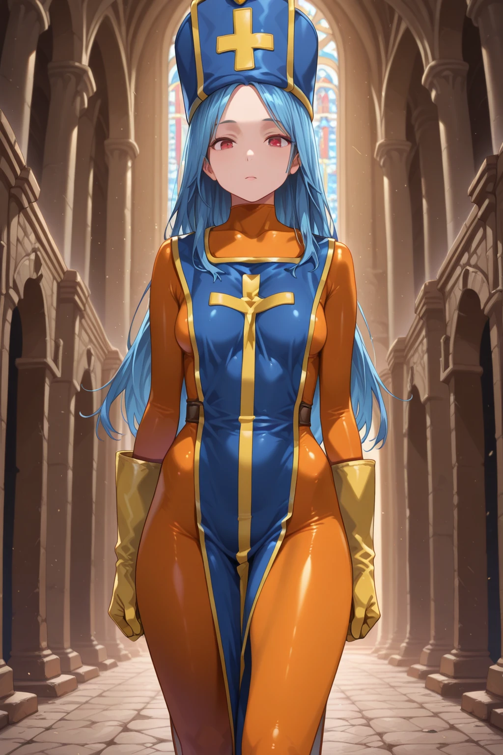 masterpiece, best_quality, 1girl, solo, priest \(dq3\), orange bodysuit, tabard, blue hair,