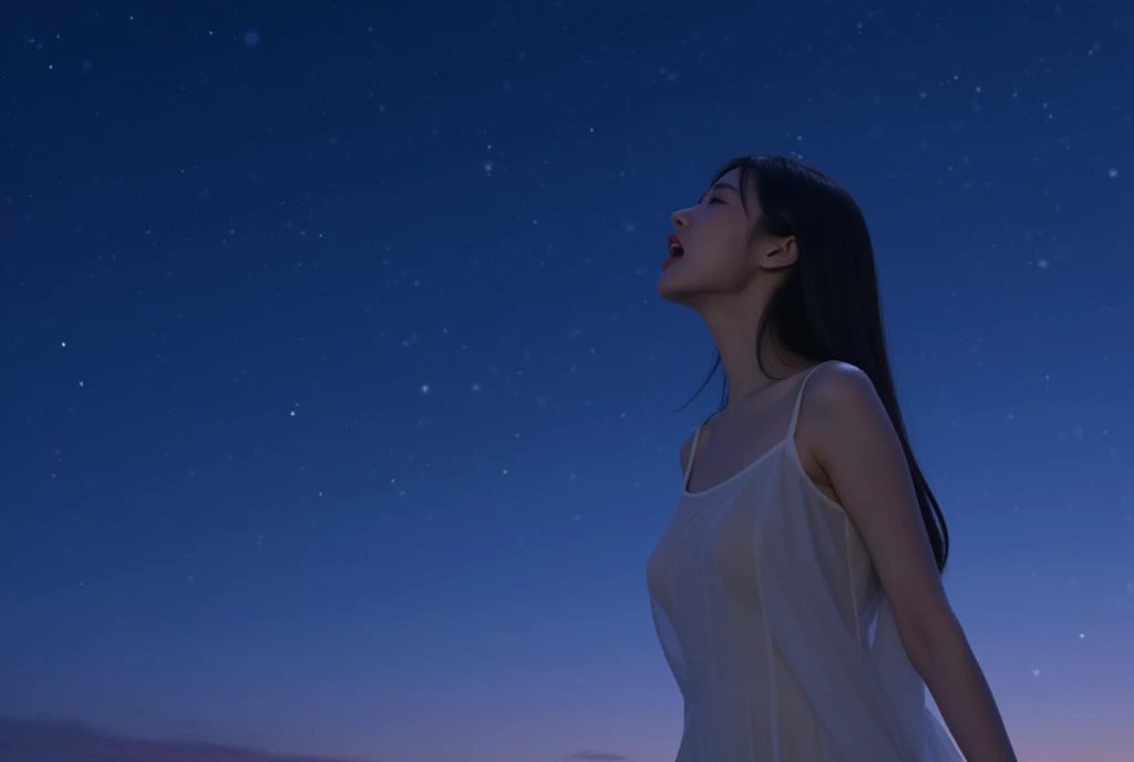 A very cute face like an idol、Looks like a young face、One woman, aged 20、Gentle and cute、Cleavage、Beautiful starry sky、(Looking up at the night sky)、(((Natural light inside at night)))、((Dim lighting))、RAW Photos、Genuine、live-action、(Romantic)、(Artistic Expression)、(Fantasy)、High resolution、masterpiece