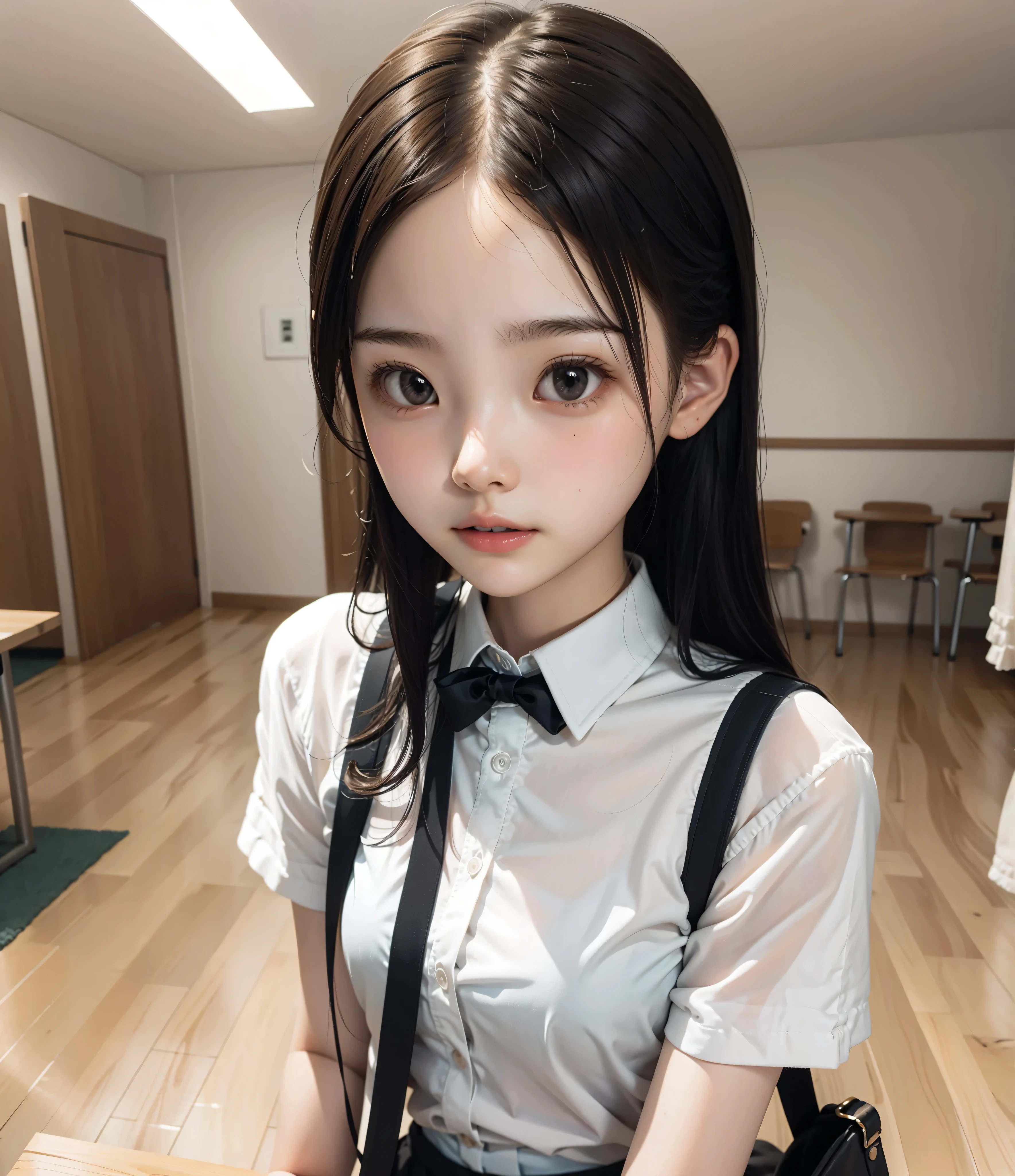 adorable, 1 girl, (face to face), , baby face, hf body portrait, (face details: 1), (eye details:1), ((big breasts)). wearing transparent transparency long shirt, .. Cute posed. proportional body. Ultra High Res. realistic: 1.4, UHD, poke a bun Hairstyle , lace