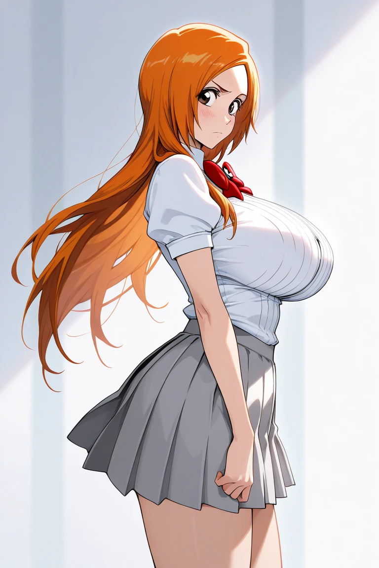 inoue orihime, inoue orihime, Long hair, Orange hair, (Brown eyes:1.5), Take off your uniform, bow ribbon, Neck ribbon, Bow, bowtie, Red bow, White collared shirt, looking at the viewers, BREAK (masutepiece:1.2), Best Quality, High resolution, Unity 8k壁纸, (Illustration:0.8), (Beautiful detailed eyes:1.6), extra detailed face, Perfect Lighting, extremely details CG, (Perfect hands, Perfect Anatomy),(Detailed ultra-oily shiny skin:1.1)、oily shiny thighhigh、(rain is falling:1.4)、The shirt is wet and see-through、The body is dripping wet、The skirt is wet、Good woman dripping water、(Bra with shirt showing through:1.3)、plein air、outside of house、(huge-breasted:1.3), (爆乳:1.3)、is standing、huge long breasts,, Very heavy rain、drenching、cowboy  shot、red blush、(Skirt lift:1.3), (white  panties:1.3)、(Skirt that rolls up:1.3)、(Fully exposed panties:1.5)
