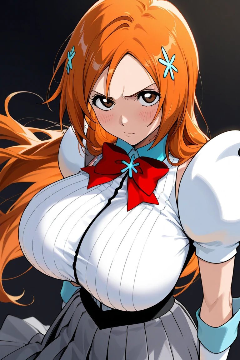 (((top-quality、masterpiece)))、1girl in、A stunning、(((terrorism)))、(((Be scared)))、((Orange hair))、(Longhaire)、barechested、A sexy、(((White water)))、(((Colossal tits)))、large full breasts、Sheer areol、I can see my chest a little、view front