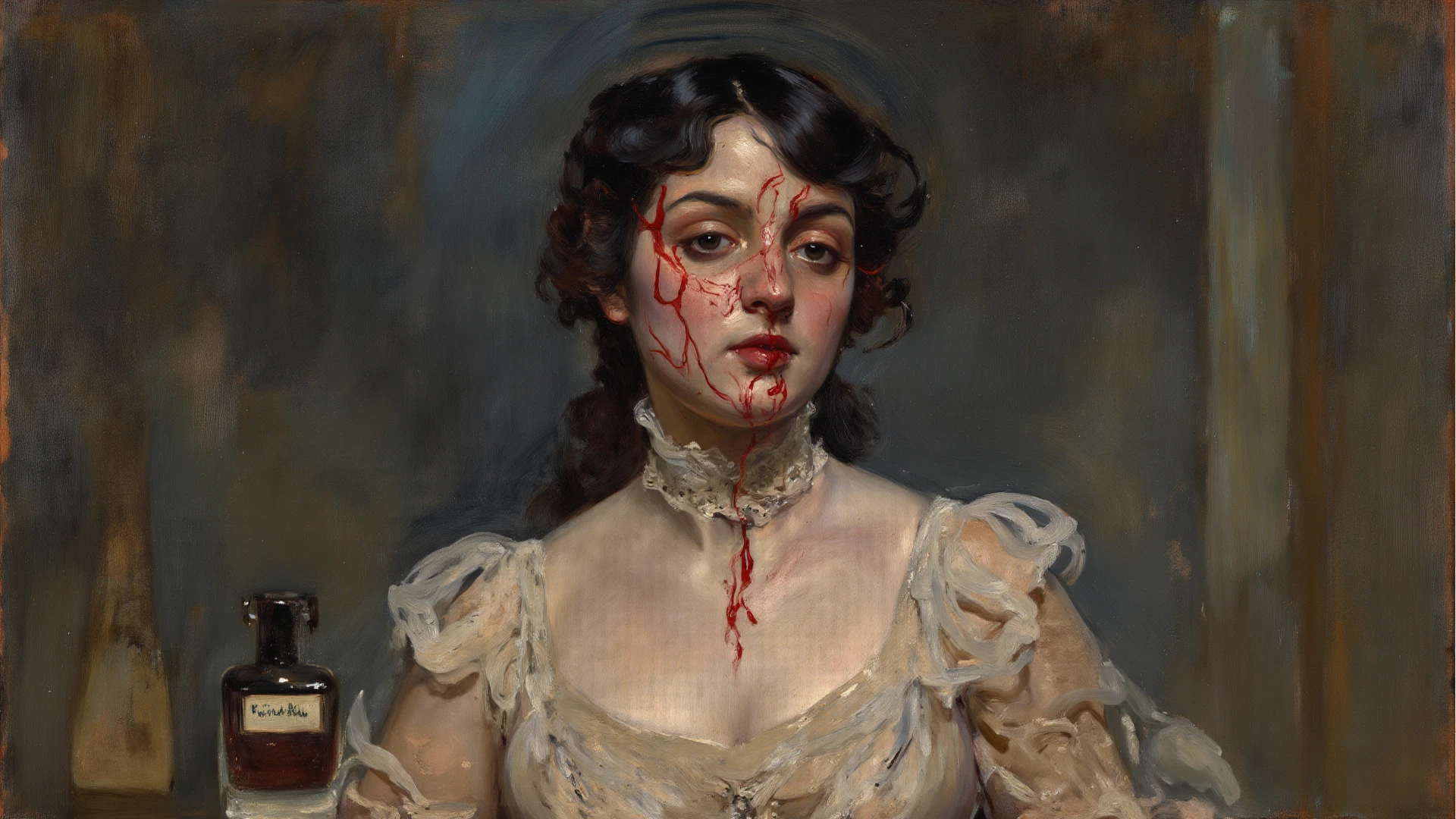 Undead Mary Shelley on her knees, forced oral sex, (oral rape:1.3), Sexual violence, hand on her head, holds her by the hair, (traces of beatings on her body:1.2), torn clothes, Sexual slavery, hellish torment, demon pissing on her face